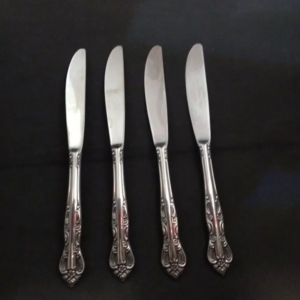United Silver Stainless Acadia Modern Dinner Knife-Japan-Floral-Pierced-Lot of 4